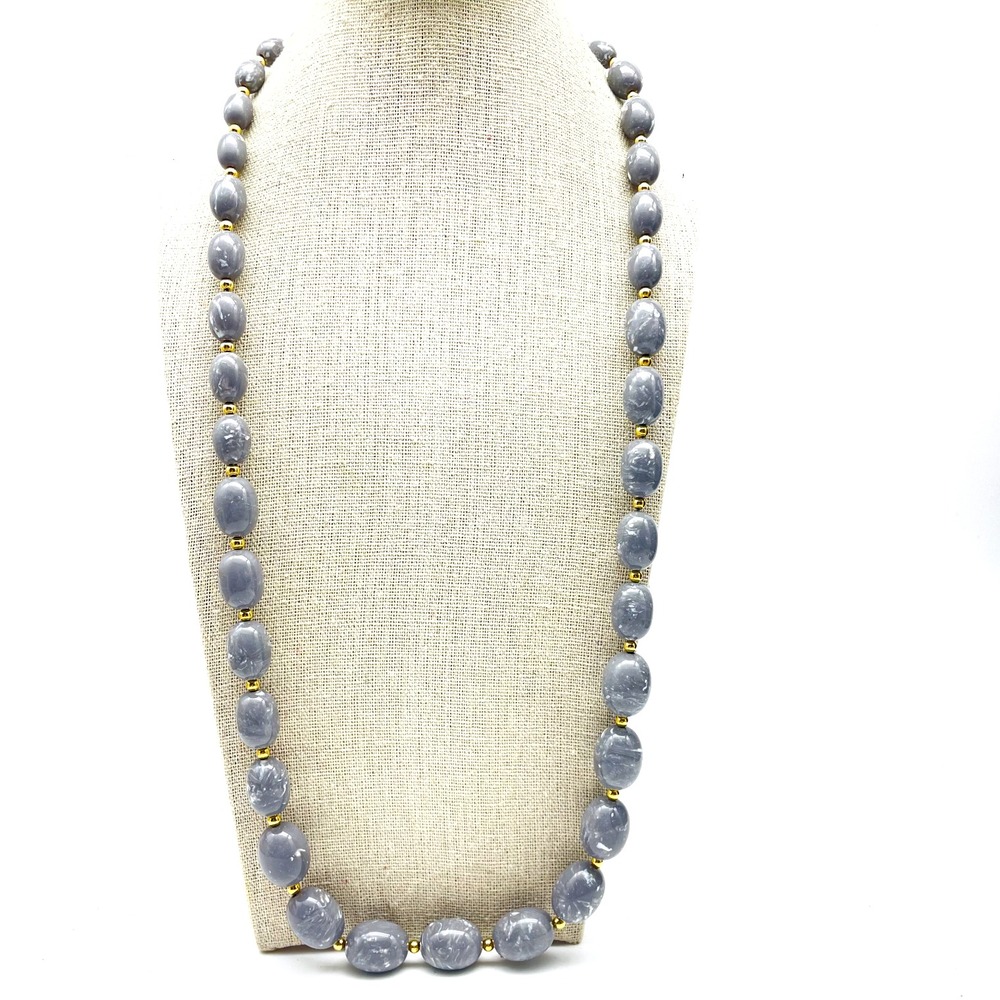 Vintage Monet Beaded Necklace Marbled Gray Gold Tone Signed Costume Jewelry